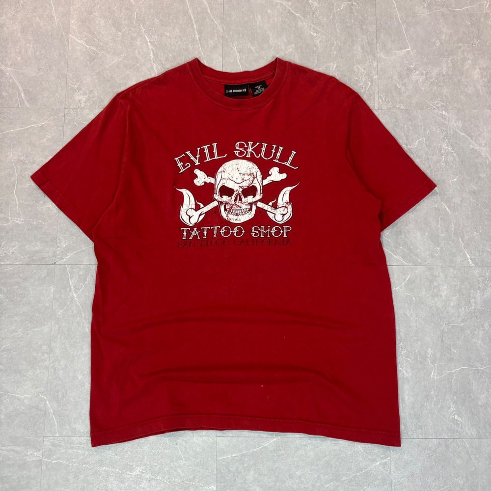 No Boundaries Mens Red Evil Skull Tattoo Shop San Diego Graphic T-Shirt Size M